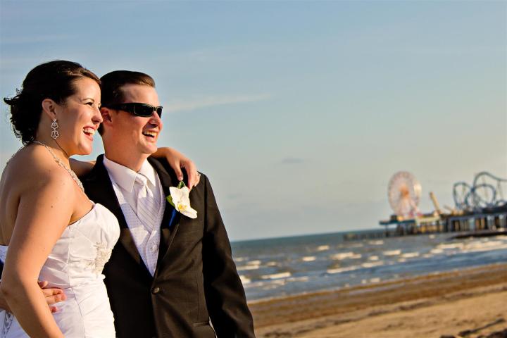 Galveston Wedding Photographer, beach, historic hotel, Hotel Galvez and Spa, Wyndham, outdoor ceremony, sunset ceremony, colorful, seawall, Pleasure Pier, strapless gown, first look, Houston Wedding Photographer