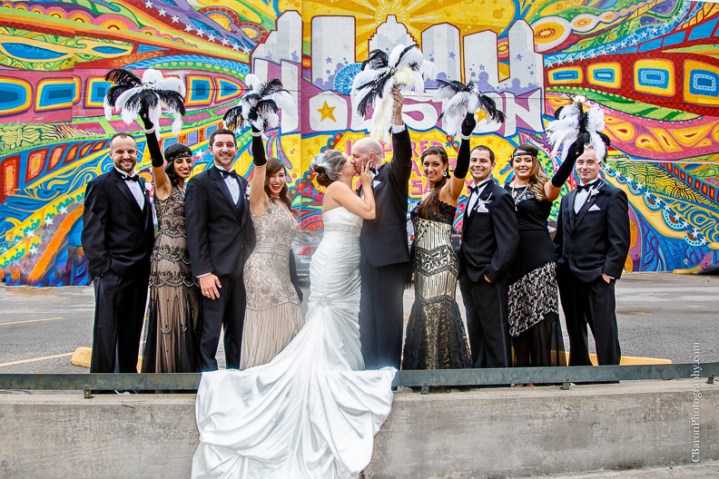 C. Baron Photography, Houston Wedding Photography, Majestic Metro, downtown Houston, gold, Gatsby, bride, groom, 20's, Hotel Icon, old movie theater, royals royce, feathers, beads