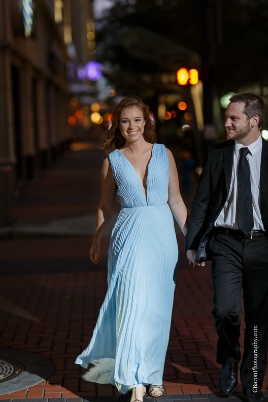 C. Baron Photography, Houston Engagement Photographer, downtown, dramatic, fountains, buildings, Blue Oscar Gown, fall, Formal Wear