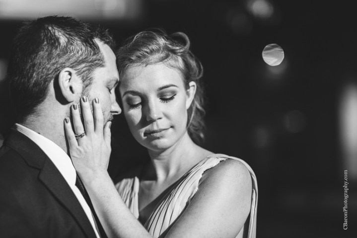 C. Baron Photography, Houston Engagement Photographer, downtown, dramatic, fountains, buildings, Blue Oscar Gown, fall, Formal Wear