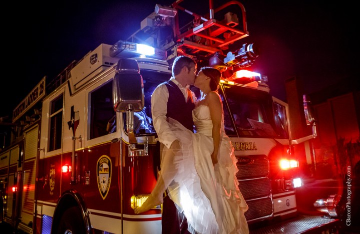 C. Baron Photography, Houston Wedding Photographer, The Gallery, couple, fire truck, HFD, black, white, white flowers, birdseed, first look, sunset, groom, bride, November, fall