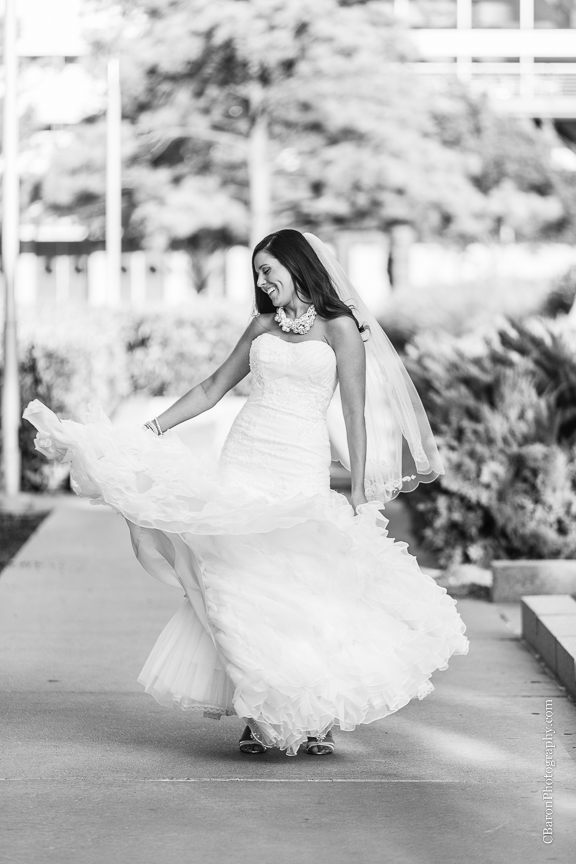 C. Baron Photography, Houston Wedding Photographer, Hilton Americas Houston, fit and flair gown, formals, ruffles, Spring, June, bridals, downtown, park, Discovery Green, marble, veil