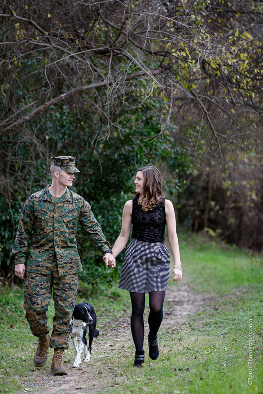C. Baron Photography, Houston Engagement Photographer, park, boarder collie, dog, US Marine Corp, US Marines, utility uniform, fatigues, cap, trees, winter, ID tag