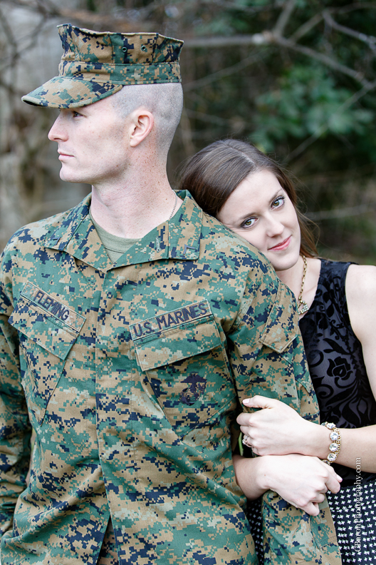 C. Baron Photography, Houston Engagement Photographer, park, boarder collie, dog, US Marine Corp, US Marines, utility uniform, fatigues, cap, trees, winter, ID tag