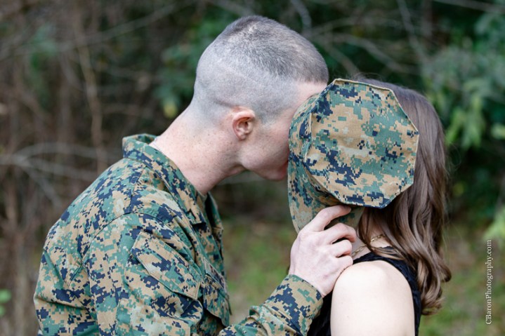 C. Baron Photography, Houston Engagement Photographer, park, boarder collie, dog, US Marine Corp, US Marines, utility uniform, fatigues, cap, trees, winter, ID tag