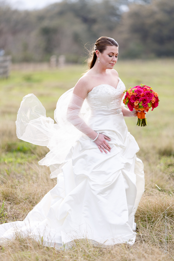 C. Baron Photography, Houston Wedding Photographer, Angleton Wedding Photographer, Brazos Springs, Out Under the Trees, bridals, strapless gown, red, orange, cowboy boots, fields veil, rustic, country, Texas