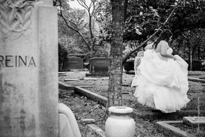 C. Baron Photography, Houston Wedding Photographer, Bridals, cemetery, Christmas, crypt, Nightmare Before Christmas, November, red roses, tombstone, Belle gown, trees, Floral Events, strapless