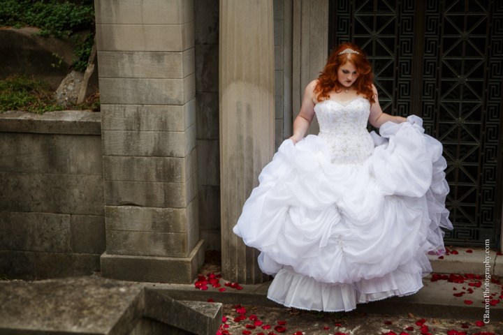 C. Baron Photography, Houston Wedding Photographer, Bridals, cemetery, Christmas, crypt, Nightmare Before Christmas, November, red roses, tombstone, Belle gown, trees, Floral Events, strapless