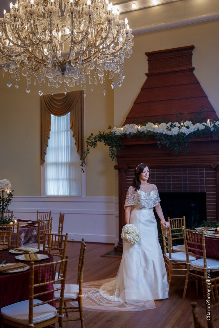 C. Baron Photpgraphy, Galveston Wedding Photographer, Ashton Villa, Galveston Historical Society, cape, Impression Bridal, Stephanye Lynn Wedding and Event Design, chandelier, fireplace, staircase, Victorian, bride, strapless, Texas, Simone Carvalli