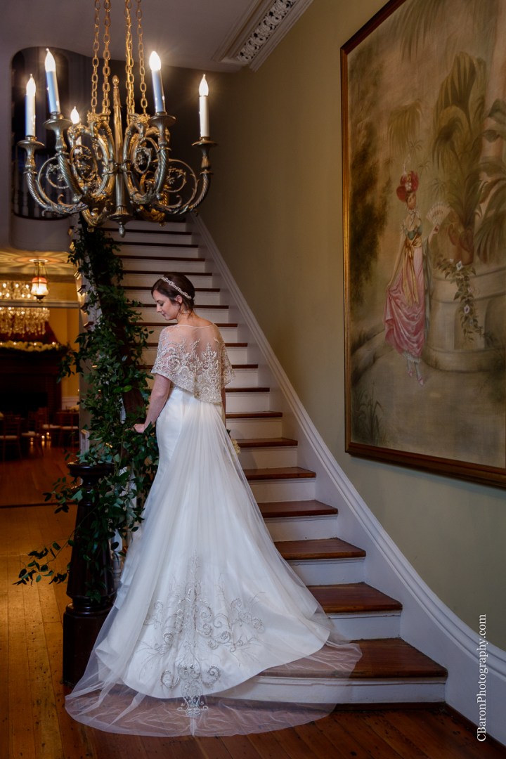C. Baron Photpgraphy, Galveston Wedding Photographer, Ashton Villa, Galveston Historical Society, cape, Impression Bridal, Stephanye Lynn Wedding and Event Design, chandelier, fireplace, staircase, Victorian, bride, strapless, Texas, Simone Carvalli