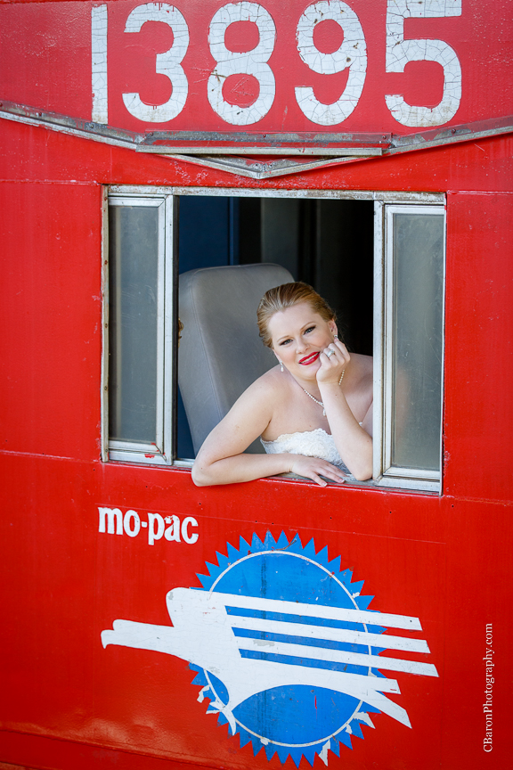 C. Baron Photography, bridals, formals, Galveston Railroad Museum, Galveston Wedding Photographer, Houston Wedding Photographer, trains, bouquet, Island Flowers, strapless, lace, lilies, orchids, Whittington Bridals, railroad car, veil