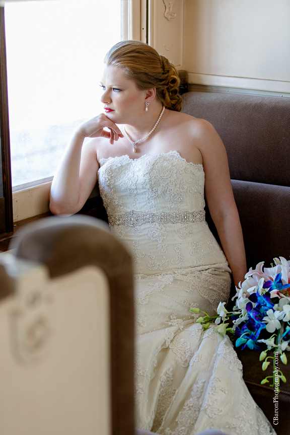 C. Baron Photography, bridals, formals, Galveston Railroad Museum, Galveston Wedding Photographer, Houston Wedding Photographer, trains, bouquet, Island Flowers, strapless, lace, lilies, orchids, Whittington Bridals, railroad car, veil