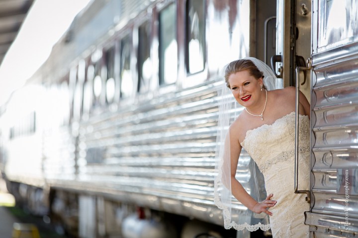 C. Baron Photography, bridals, formals, Galveston Railroad Museum, Galveston Wedding Photographer, Houston Wedding Photographer, trains, bouquet, Island Flowers, strapless, lace, lilies, orchids, Whittington Bridals, railroad car, veil