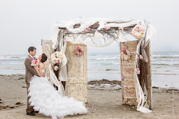 Galveston Wedding Photographer, elopement, Tremont House, Hotel Galvez and Spa, beach, waves, sand, pink, gold, shabby chic, seashells, groom, bride, Floral Events, seagulls. old doors, Style Me Pretty, C. Baron Photography, couple, Houston Wedding Photographer, ombre cake, Texas, high low hem, April, elope, Galvez, misty, roses, ranunculus, seawall, strapless, tulle, vintage