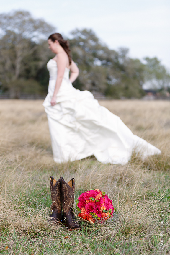 C. Baron Photography, Houston Wedding Photographer, Angleton Wedding Photographer, Brazos Springs, Out Under the Trees, bridals, strapless gown, red, orange, cowboy boots, fields veil, rustic, country, Texas