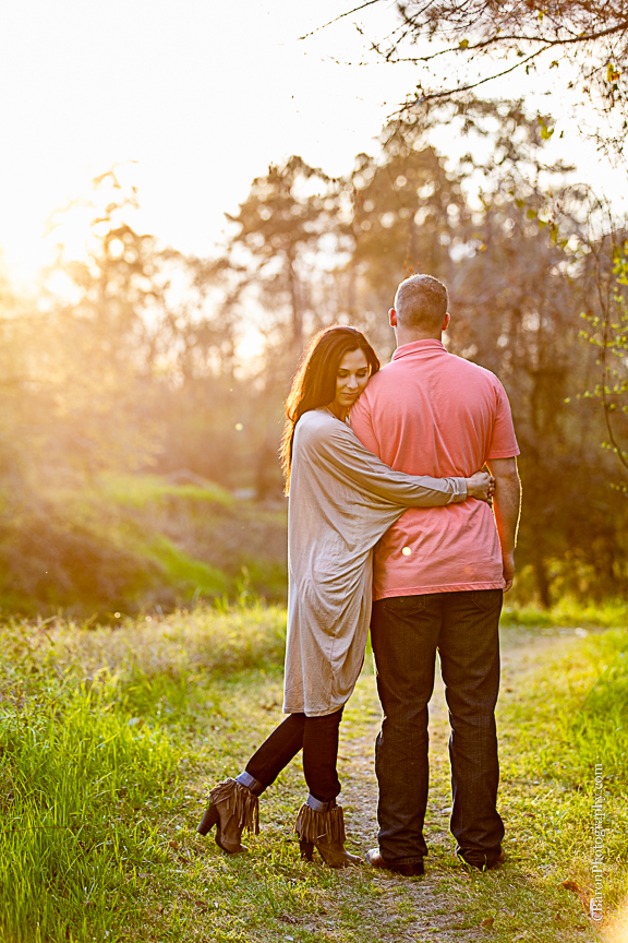 C. Baron Photography, Houston Wedding Photographer, Cypress, Cypress Wedding Photographer, couple, engagement, outdoors, trees, park, path, sunset