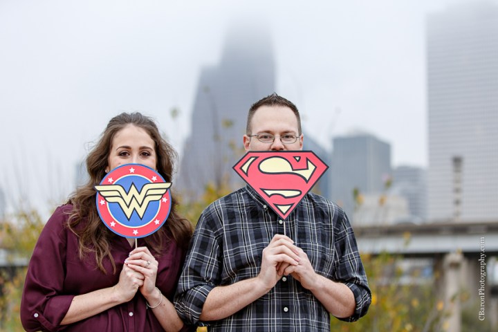 C. Baron Photography, Houston Engagement Photographer, bayou, bridge, cold, corgi, couple, December, dog, downtown, engagement, park, skyline, superhero