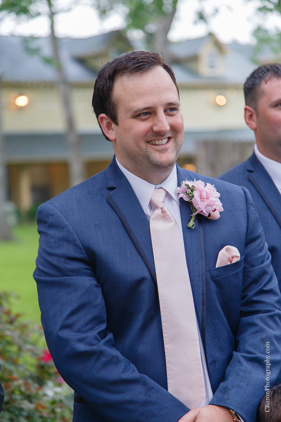 Aggie; Aggie Ring Cake; Astilbe; Ball gown; C. Baron Photography; Gold; Houston Wedding Photographer; Ivory; Live Oak; Oak Tree Manor; Pink; Rainy; Spring; Strapless; Texas; Umbrellas; Vintage; Wedding; Woodlands Wedding Photographer; ceremony; cord ceremony; outdoor; reception; roses; 