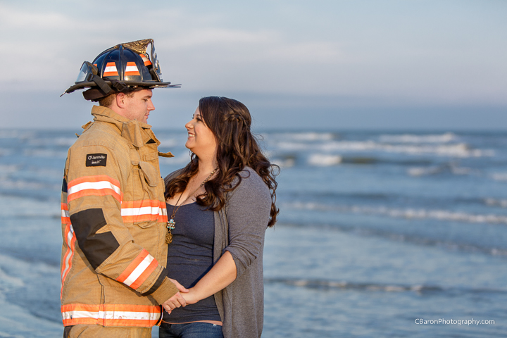 Beach; C. Baron Photography; Engagement; Fireman; Galveston Engagement; Galveston Wedding; Houston Wedding Photographer; Sunset; The Strand; jetties; surf; water;