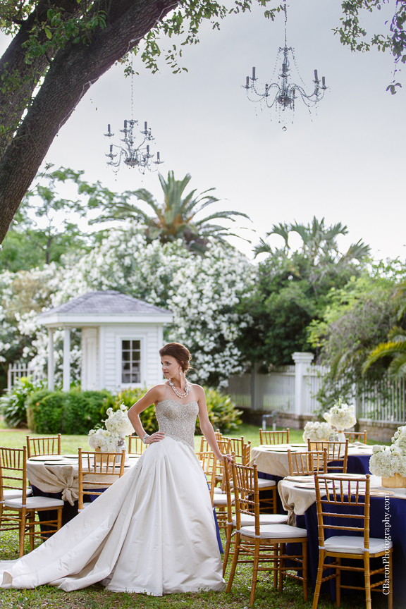 Beaded; C. Baron Photography; Columns; Crystal Chandelier; Galveston; Galveston Historical Foundation; Galveston Wedding Photographer; Historic Home; Houston Wedding Photographer; Impression Bridal; Live Oak; Menard House; Navy; Oleanders; Outdoor; Southern; Victor Harper; Wedding; bridals; champagne; couture; gone with the wind; laser cut lace; platinum; strapless; 