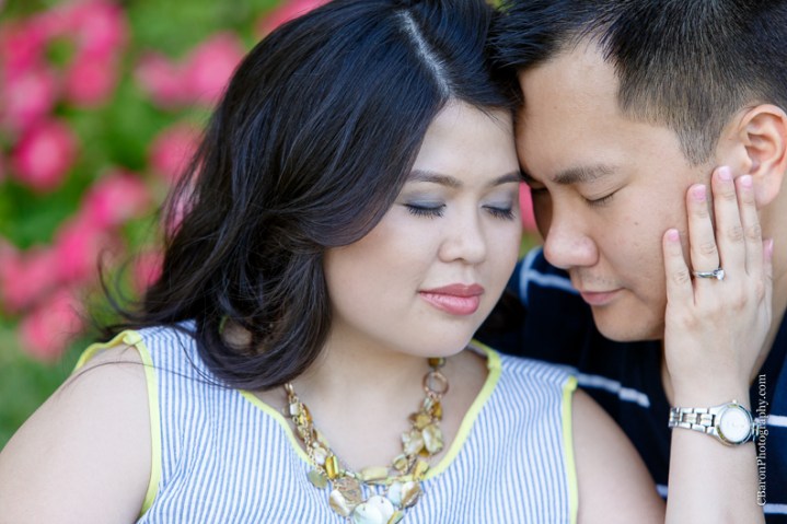 Engagement; Houston Wedding Photographer; Humble; Mercer; c. Baron Photography; couple; dogs; flowers; garden; park;