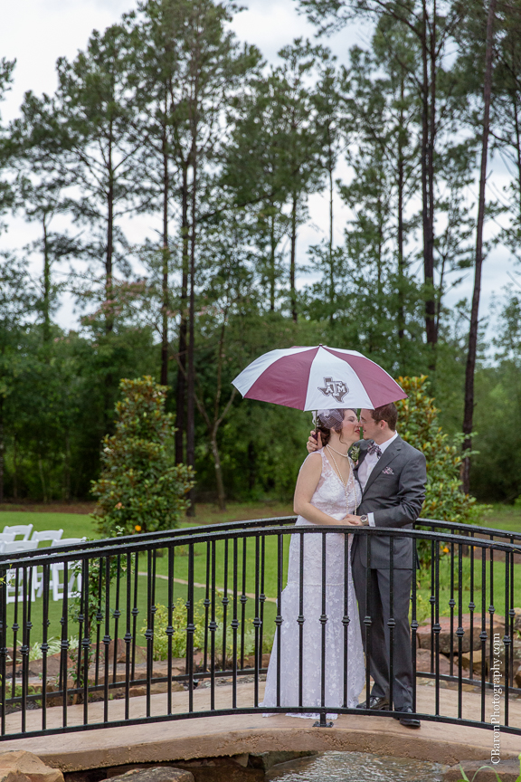 Aggies; C. Baron PHotography; Chandelier; Crystal Springs; First Look; Houston Wedding Photographer; Rain; Rainy Wedding; Southall; Texas A&M; War Hymn; Woodlands Wedding Photographer; bowtie; bride; couple; gray; grey; groom; lace gown; 