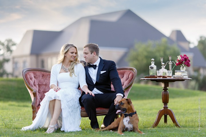 C. Baron PHotography; E-session; Houston Engagement Photographer; Houston Wedding PHotographer; Luxury; Raveneaux Country Club; Spanish moss; Spring; Texas; Woodlands Engagement Photographer; Woodlands Wedding Photographer; boxer; couple; creek; dog; elegant; formal; furniture; golf course; gown; settee; sunset; trees; tuxedo; vignette; 