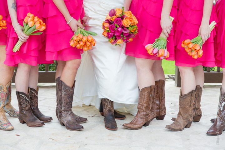 2014; Angleton; Brazos Springs; Bride; C. Baron Photography; Groom; Houston Wedding Photographer; March; Orange; Outdoor; Pink; Texas; Wedding; country; cowboy boots; live oaks; 