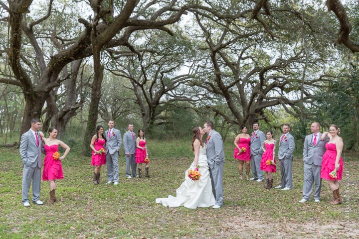 2014; Angleton; Brazos Springs; Bride; C. Baron Photography; Groom; Houston Wedding Photographer; March; Orange; Outdoor; Pink; Texas; Wedding; country; cowboy boots; live oaks; 