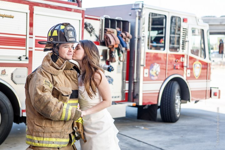 2013; Bride; C. Baron Photography; Downtown; Fire truck; HFD; Houston Wedding Photographer; Texas; fire hose; firemen; houston fire department; strapless gown; trash the dress; 
