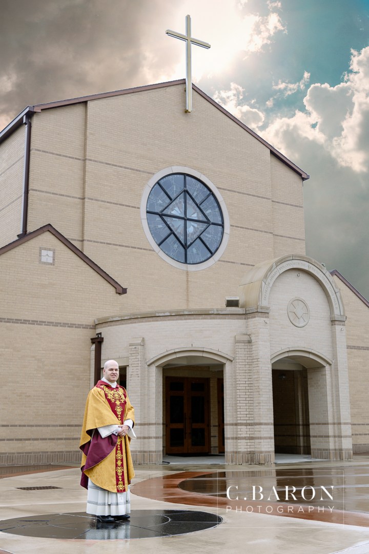 Houston; Ordination; Portrait photographer; Prince of Peace; Texas; altar; clergy; crucifix; portrait; priest; vestments;
