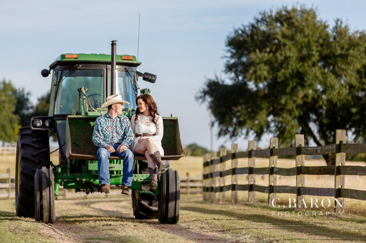 '32 Ford, Brenham Engagement Photographer, C. Baron Photography, camo, Country, Couple, cowboy hat, donkeys, Engagement session, farm, Fence, Grass, hills, Houston Engagement Photographer, John Deere Tractor, Old Oaks, sunset, Texas
