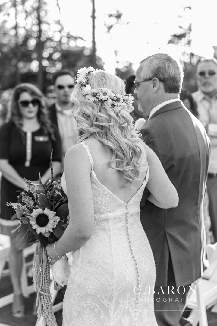 Austin Wedding Photographer, Beaumont wedding Photographer, C. Baron Photography, College Station wedding Photographer, Conroe Wedding Photograher, Crystal Springs, first look, flower crown, Galveston Wedding Photographer, Houston wedding Photographer, lace dress, Magnolia, mismatched china, Naked wedding cake, Outdoor Ceremony, Reception, sunflowers, sunset, Texas, Unfrosted cake, Woodlands Wedding Photographer