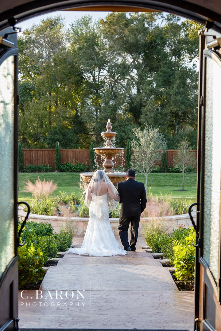 Austin Wedding Photographer; Beaumont wedding Photographer; Brookshire; C. Baron Photography; College Station wedding Photographer; Conroe Wedding Photograher; Dad First look; Galveston Wedding Photographer; Gold; Groom; Houston wedding Photographer; Pecan Springs; Strapless Lace Gown; Texas; Wedding; Woodlands Wedding Photographer; blush; bride; hydrangea; tuscany hall;