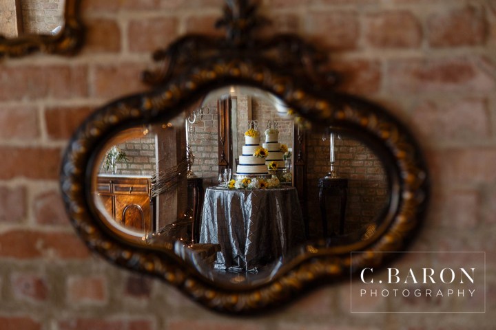 Butler's Courtyard; C. Baron Photography; Elegant; Exposed Brick; Galveston County Weddings; Historic Venue; Houston Engagement Photographer; League City; Outdoor Ceremony; Texas; Wedding Photography; Yellow; chandeliers; confetti leave; garden; sunflowers;