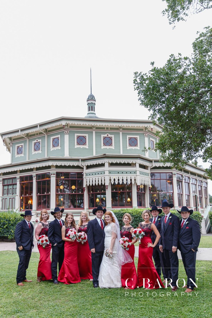 Beaded capelet; C. Baron Photography; Central Christian Church; Galveston; Galveston Wedding Photographer; Garten Verein; Gold; Groom; Historical building; Horse Carriage; Impression Bridal; Island; Red Roses; Rose Petal Leave; Spring; Texas; blush lace gown; bride; cowboy hat;