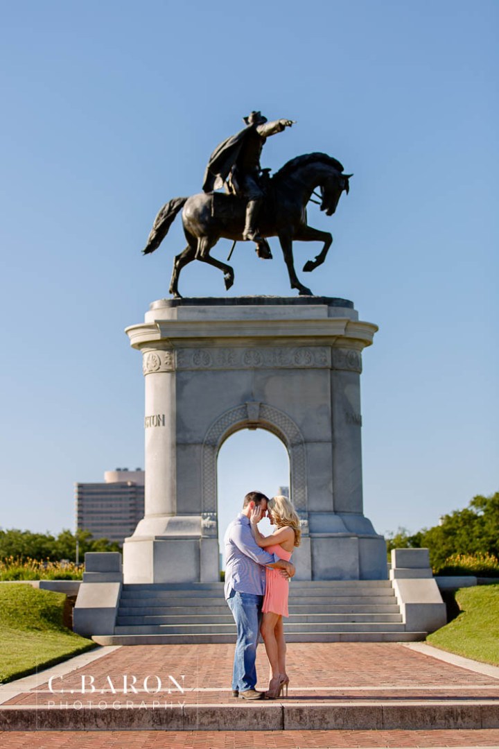 C. Baron Photography; Engagement; Fountain; Hermann Park; Houston Engagement Photographer; Summer; Sunset; bridge; couple; live oak; pond;