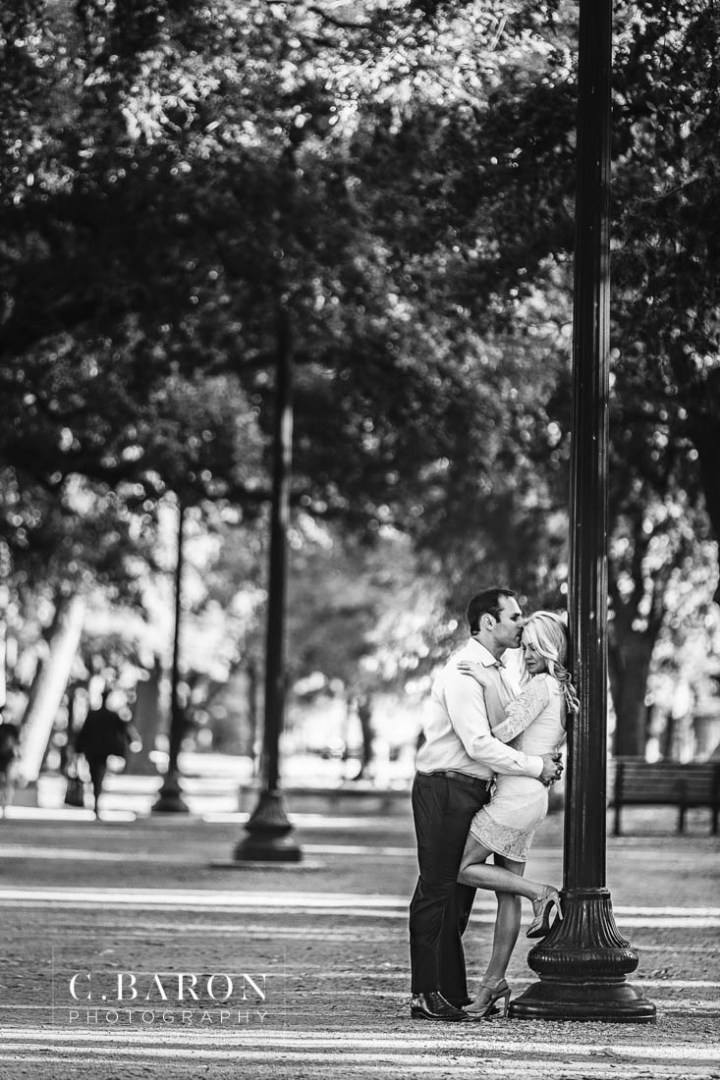 C. Baron Photography; Engagement; Fountain; Hermann Park; Houston Engagement Photographer; Summer; Sunset; bridge; couple; live oak; pond;