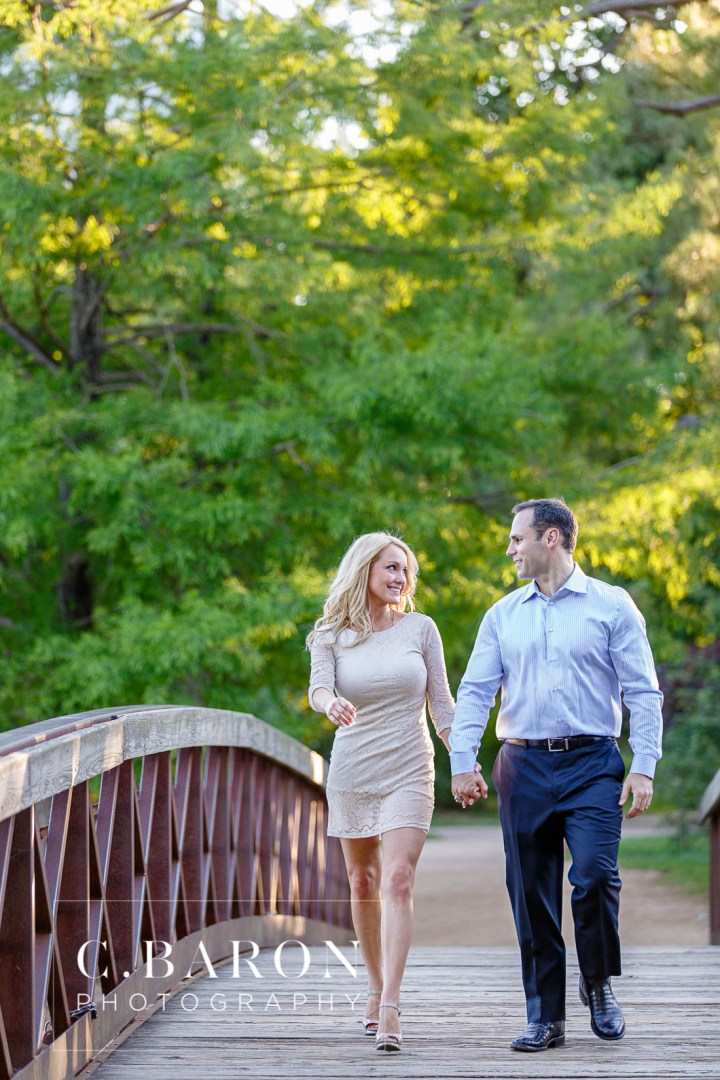 C. Baron Photography; Engagement; Fountain; Hermann Park; Houston Engagement Photographer; Summer; Sunset; bridge; couple; live oak; pond;