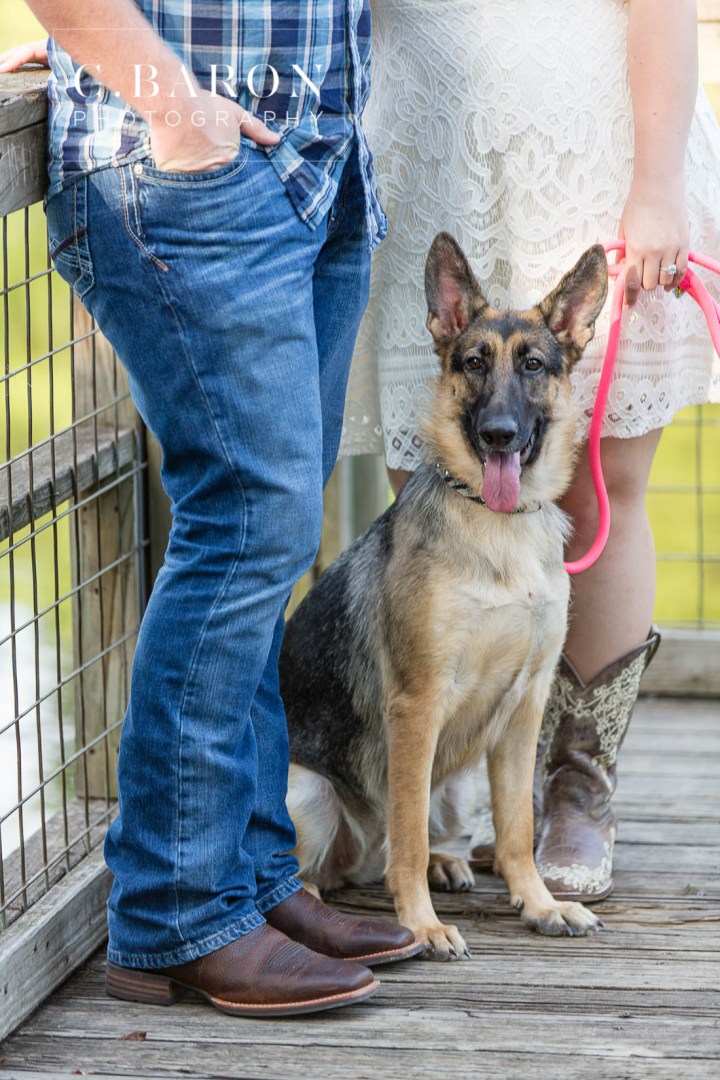 C. Baron Photography; Cowboy boots; Dog; E-session; Engagement session; Fur Baby; German Shepherd; Houston Engagement Photographer; Nature; Park; Pond; Tomball Engagement photographer; Woodlands Engagement Photographer; dock; lace dress; log cabin;
