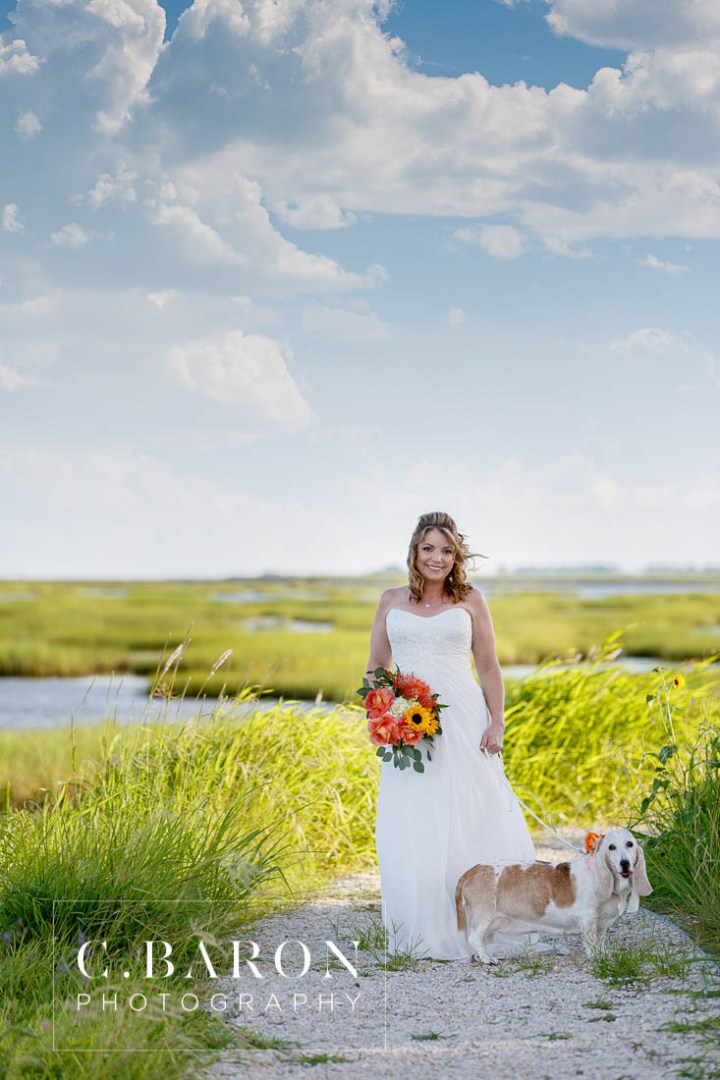 Bassett Hound with flowers; Bridals; C. Baron Photography; Dog; Formals; Fur Baby; Galveston Bridals Photographer; Galveston Wedding Photographer; Gulf Coast Photographer; Houston Bridals; Peach; Southeast Texas; Summer; Sunset; estuary; marsh; orange; tree; water; yellow;