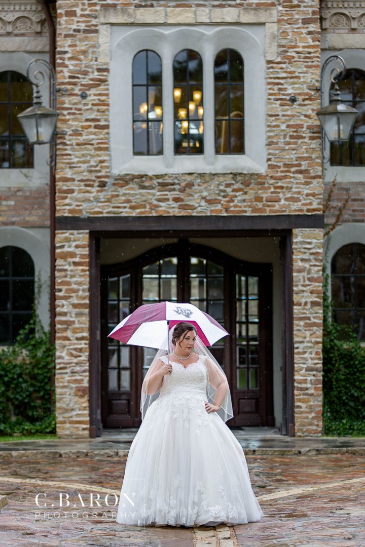 Aggies; C. Baron Photography; Cobblestones; European Village; Formals; Housotn Bridals Photographer; Houston Wedding Photographer; Rainy day; Stone Chapel; Tulle Lace Gown; Woodlands Wedding PHotographer Quaint;