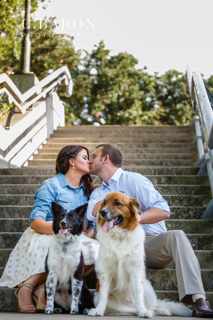 Australian shepherd; C. Baron Photography; Downtown; E Session; Engagement session; Houston Engagement Photographer; Nature; champagne spray; dogs; fur babies; houston; outdoor; skyline; summer;