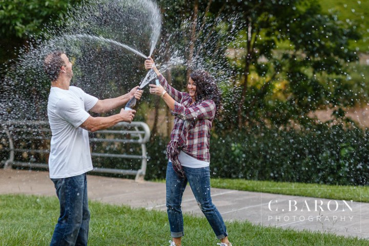 Australian shepherd; C. Baron Photography; Downtown; E Session; Engagement session; Houston Engagement Photographer; Nature; champagne spray; dogs; fur babies; houston; outdoor; skyline; summer;