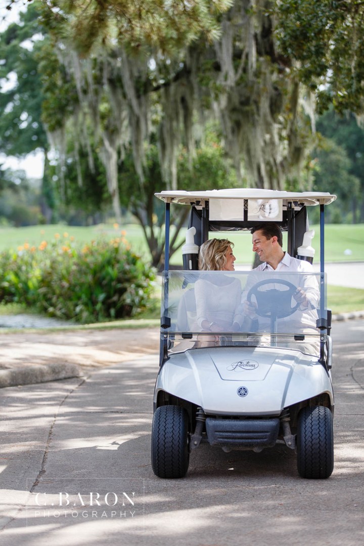 C. Baron Photography; Engagement session; Golf Cart; Houston Texas; Houston wedding Photographer; Raveneaux Country Club; afternoon; golf course; summer;