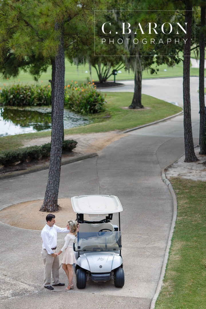 C. Baron Photography; Engagement session; Golf Cart; Houston Texas; Houston wedding Photographer; Raveneaux Country Club; afternoon; golf course; summer;