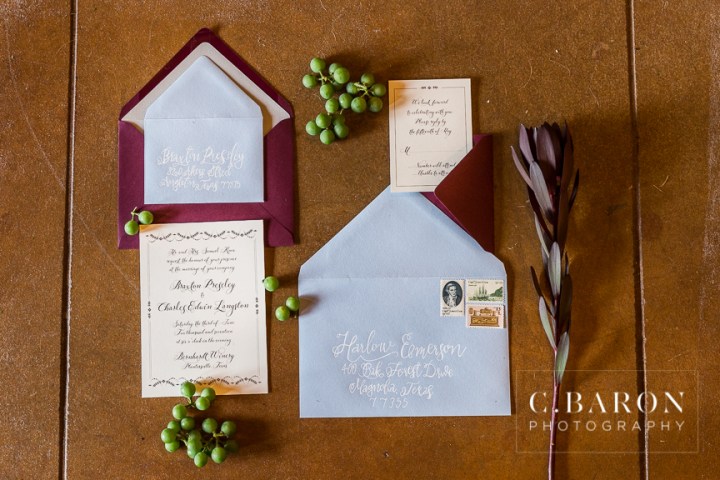 A&E Weddings & Events; Bavarian Cakery; Bernhardt Winery; Bride & Bloom Florals; C. Baron Photography; Houston Wedding Photographer; Invitation Solutions; Montgomery County Texas; Montgomery Wedding Photographer; Plantersville Texas; Wedding Venue; Whittington Bridal; bridals; french blue; greenery; outdoors; purples; roses; simple beauty artistry; vineyard; wine barrels;