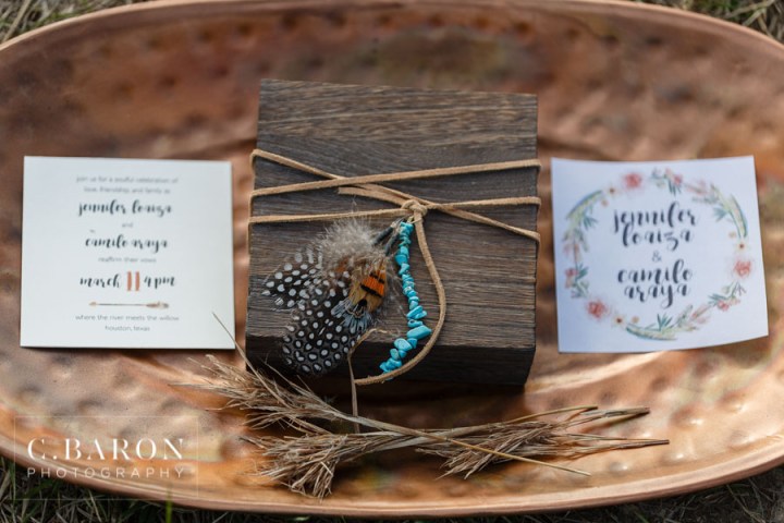 A&E Wedding & Events; Animal Skins; Bavarian Cakery; Bohemian Trove; Boho; Bramble & Bee; Butterfly Release; C. Baron Photography; Custom Productions; Deer Hide; Dog; Dogs at weddings; Dream Catchers; Houston Cinematographer; Houston Wedding Photography; Invitation Solutions; Macrame; Monarch; Native American; Natural Colors; Painted Ladies; Pocohantas inspired; River; Tulle skirt; Turquoise; Twig Chair; antlers; creek; feathers; wood;