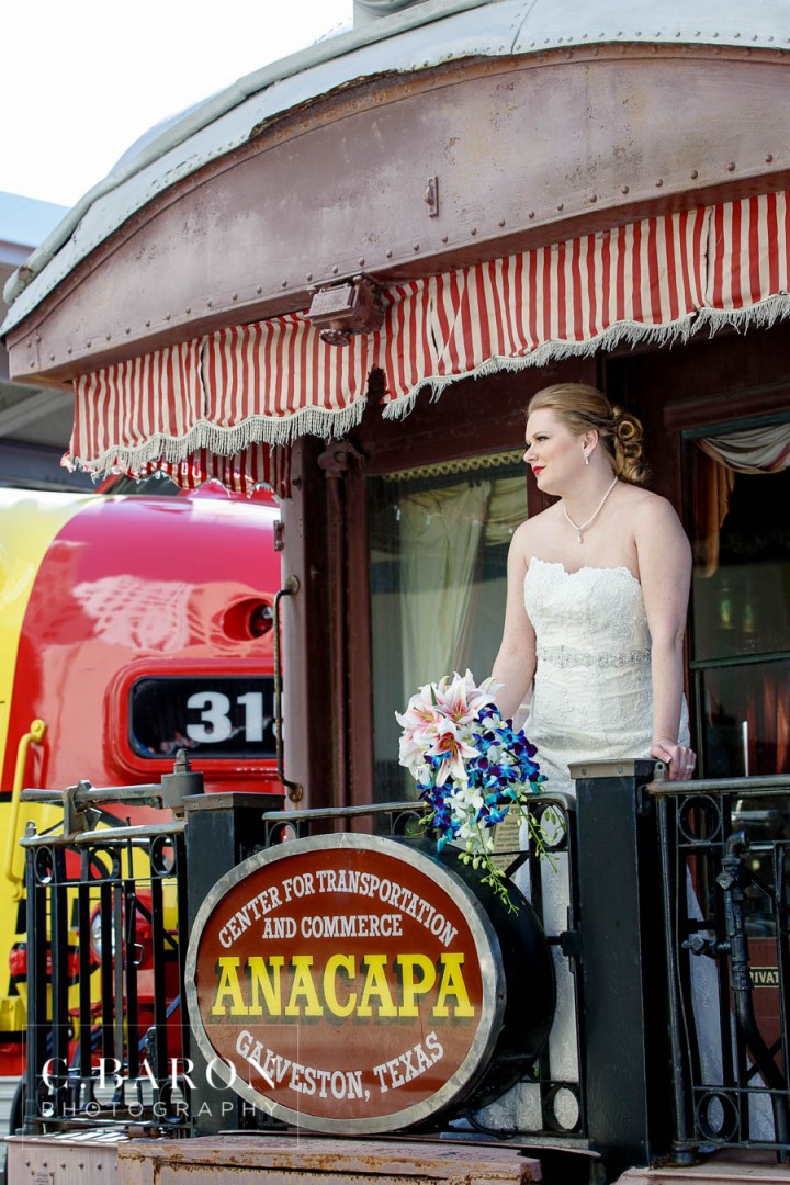 Bridals; C. Baron Photography; Formals; Galveston Railroad Museum; Galveston Wedding Photographer; Houston wedding Photographer; Strapless; Trains; Travel; lace; lillies; wedding dress; winter;