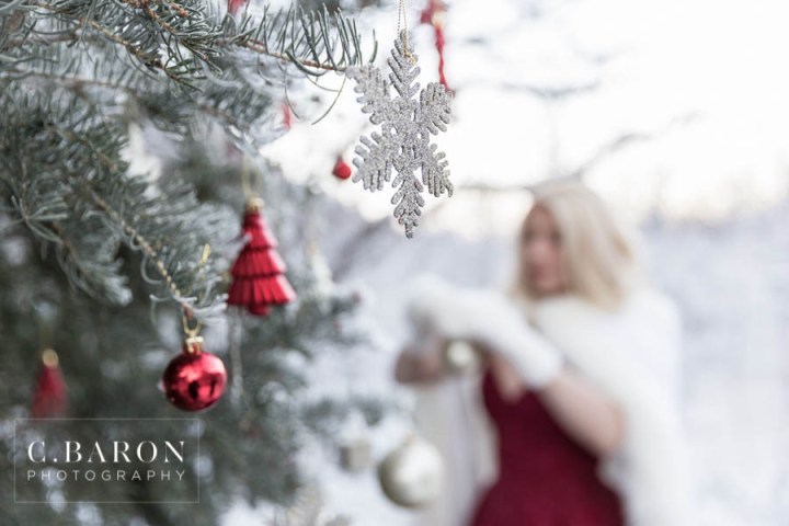 Bridal Christmas; C. Baron Photography; Canyon; Christmas Trees; Decorating; Destination Wedding Photographer; Gold; Houston Bridal Photographer; Houston wedding Photographer; Mountains; Nature; Ornaments; Red; Red ballgown; Snowy Christmas; White fur cape; Winter Wedding; champagne; mittens; snow; snow fall; utah; winter landscape; wintertime; wreath;